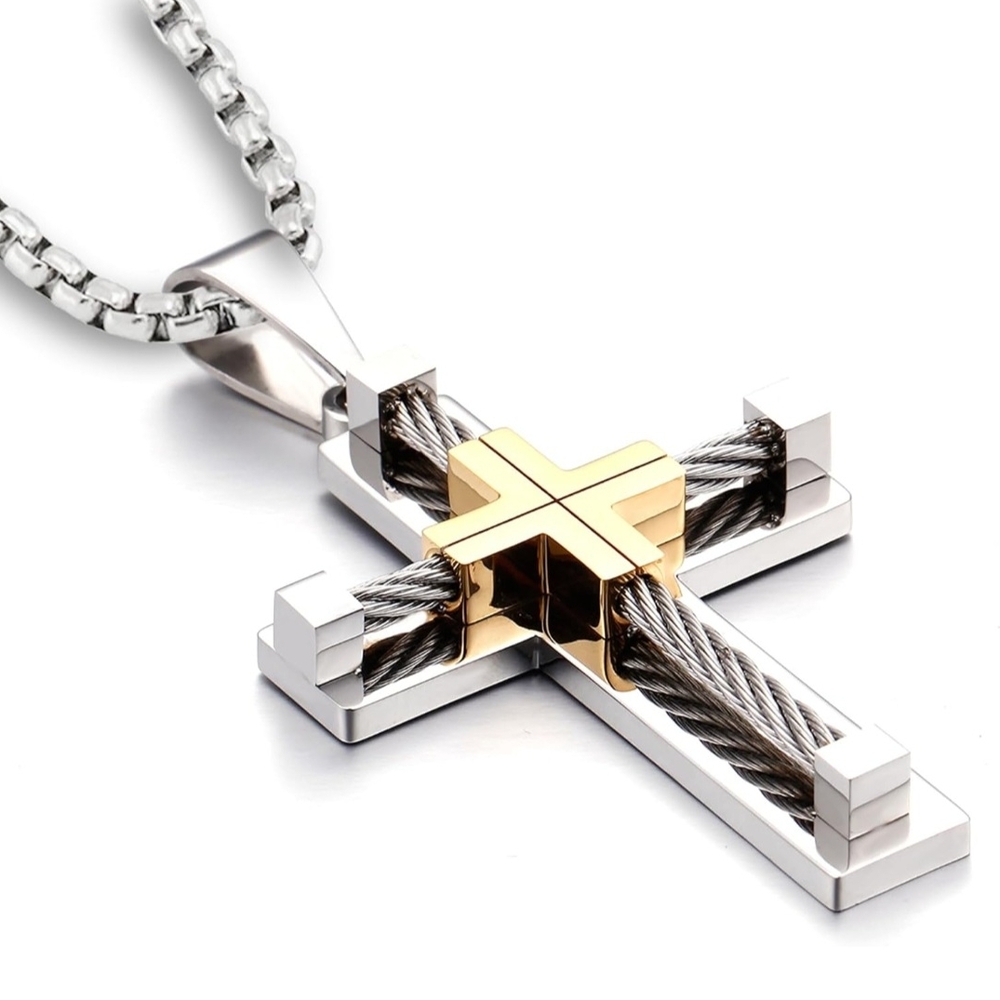 YL Silver and Brown Cross Pendant Necklace
